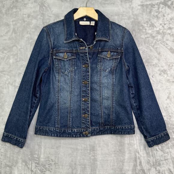 Chico's Jacket Womens Medium Blue Denim Jean Trucker Button Front Logo Buttons - Picture 1 of 9